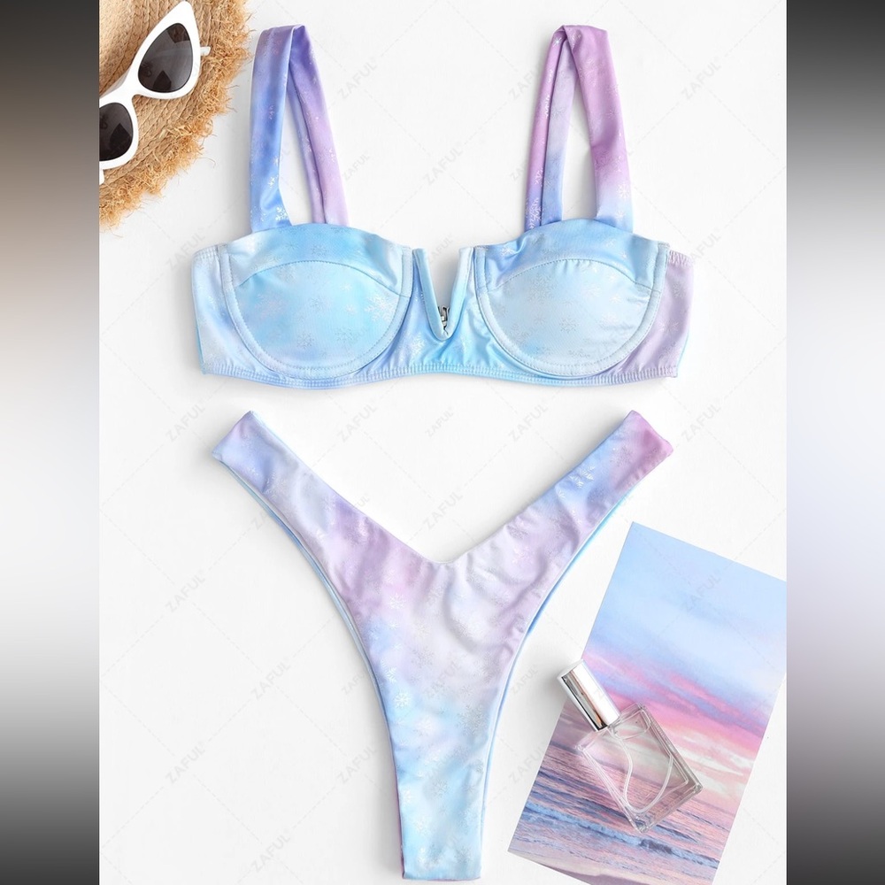 ZAFUL Christmas Snowflake Tie Dye Print V Wired Bikini Set - Blue S